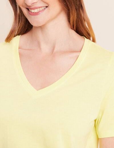T-shirt col v manches courtes jaune clair femme