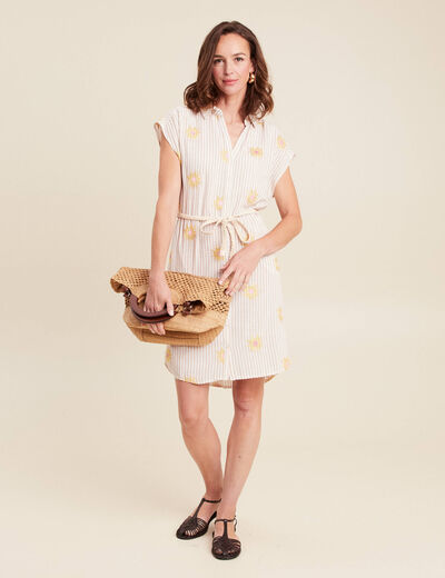 Robe courte évasée col chemise ceinturée rose femme