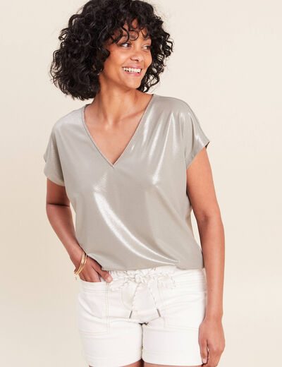 T-shirt col V manches courtes vert clair femme
