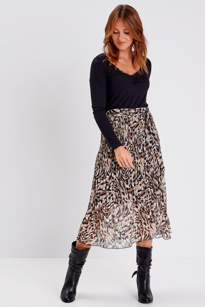 Jupe midi évasée plissée creme femme