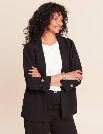 Veste longue droite col tailleur noir femme