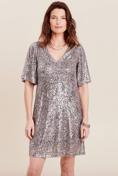 Robe évasée sequins gris argent femme