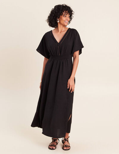 Robe longue &eacute;vas&eacute;e col v manches coudes noir femme