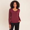 T-shirt ajust&eacute; col v manches longues bordeaux femme