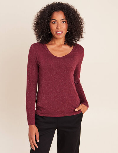 T-shirt ajust&eacute; col v manches longues bordeaux femme