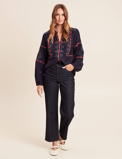 Chemise broderie manches longues rouge femme
