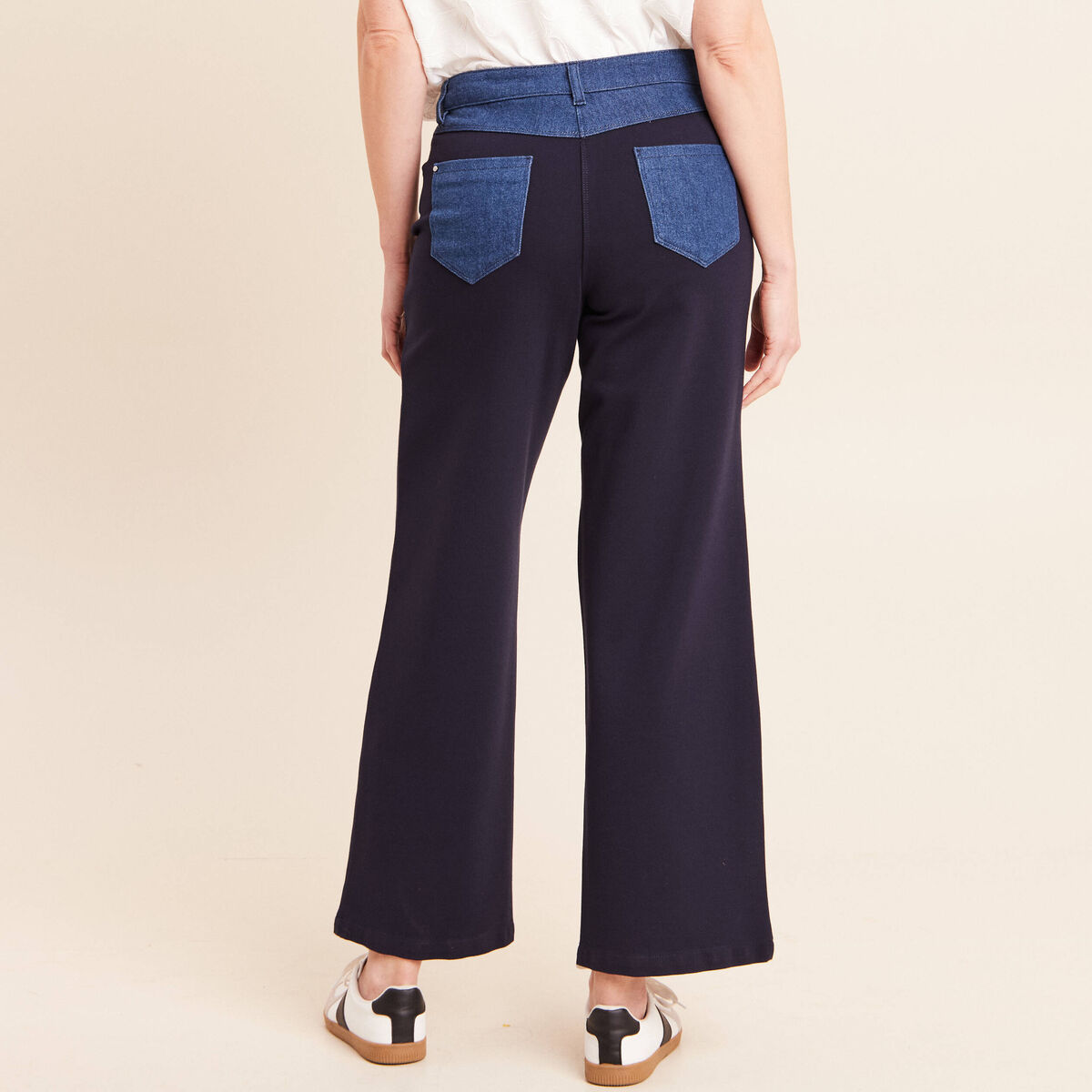 Pantalon large bi-mati&egrave;re bleu fonc&eacute; femme