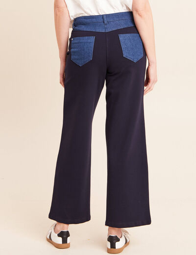 Pantalon large bi-mati&egrave;re bleu fonc&eacute; femme