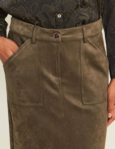 Jupe longue droite su&eacute;dine vert kaki femme
