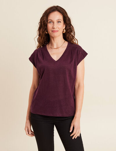 Top col v manches courtes en lin prune femme
