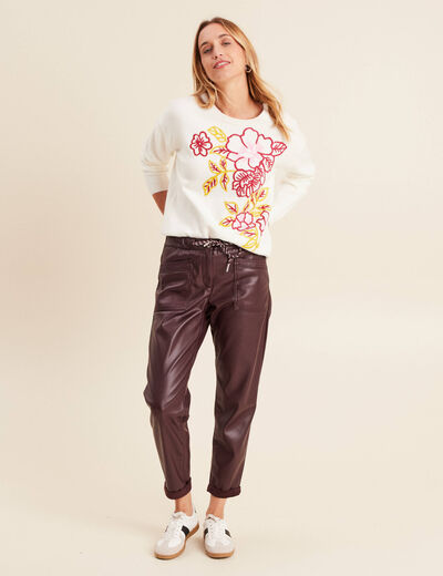 Pull brod&eacute; col rond manches longues rose framboise femme