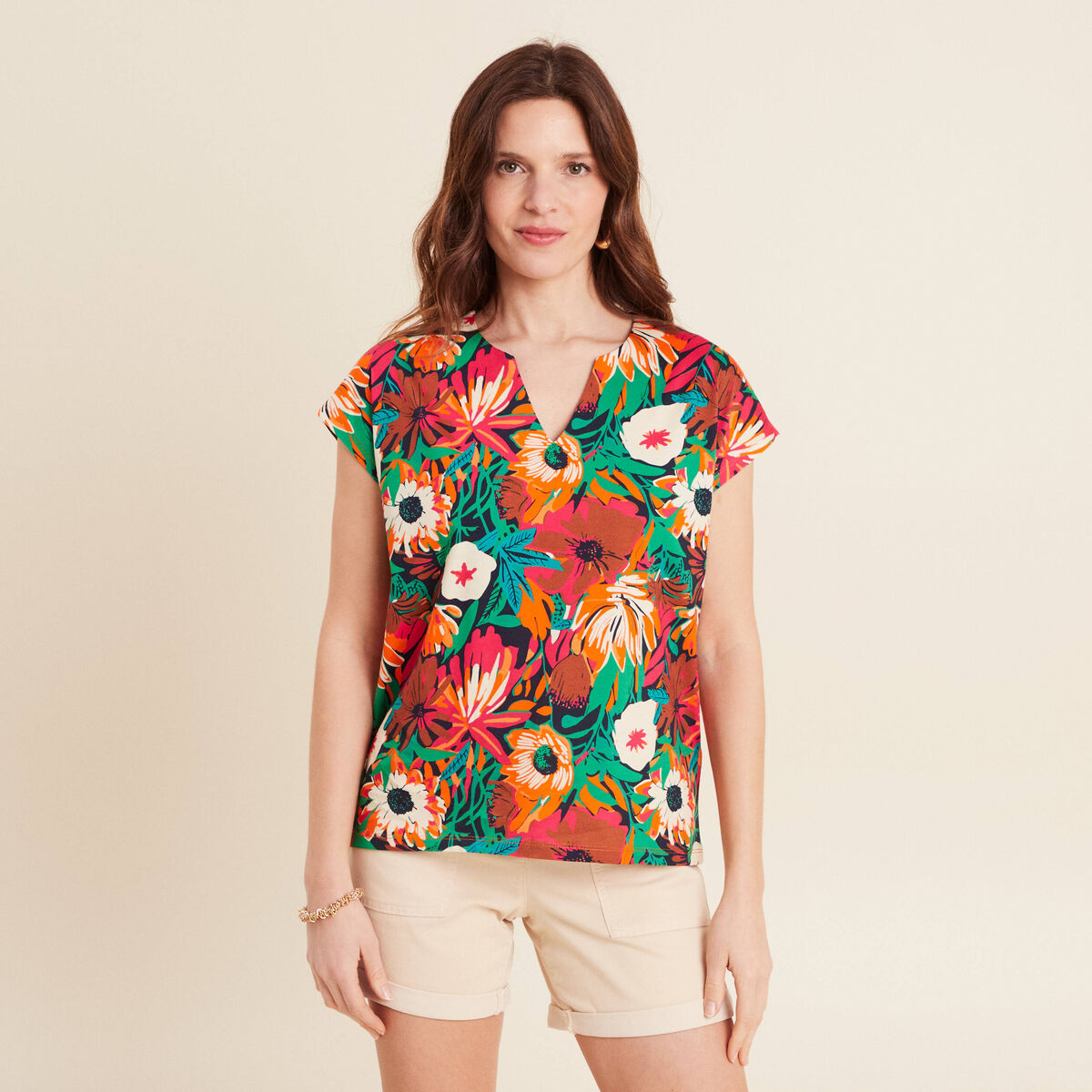Top droit col tunisien bleu fonc&eacute; femme