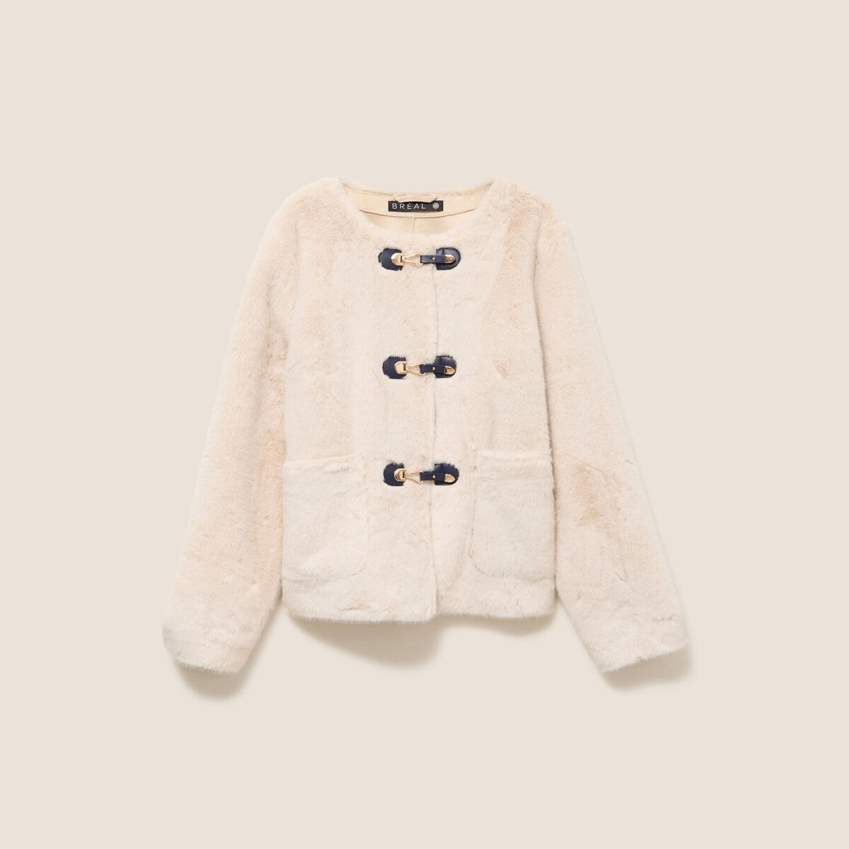 Manteau sans col en fausse fourrure ivoire femme