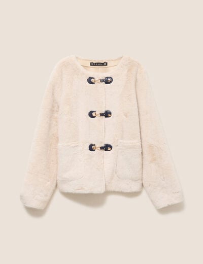 Manteau sans col en fausse fourrure ivoire femme