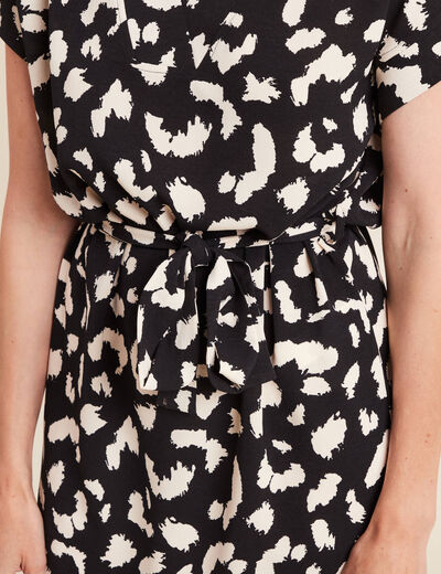 Robe droite courte col V manches courtes noir femme