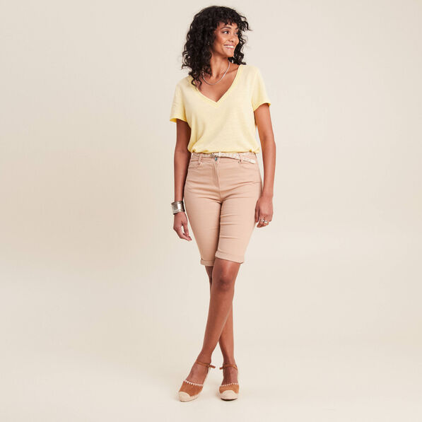 bermuda ajuste ceinture beige femme Bermuda ajusté ceinturé beige femme