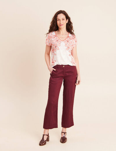 Pantalon large 7/8&egrave;me ceintur&eacute; prune femme