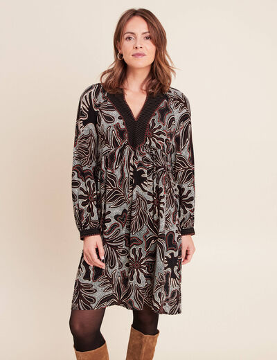 Robe fluide col v manches longues noir femme