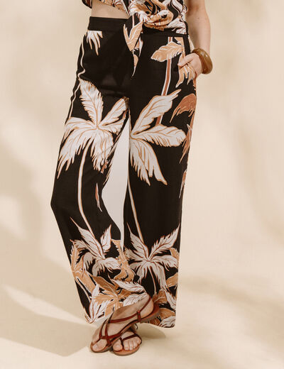 Pantalon large taille haute noir femme
