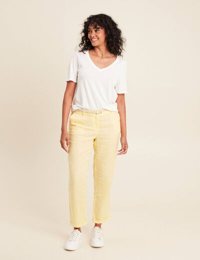 Pantalon flou ceinturé jaune clair femme