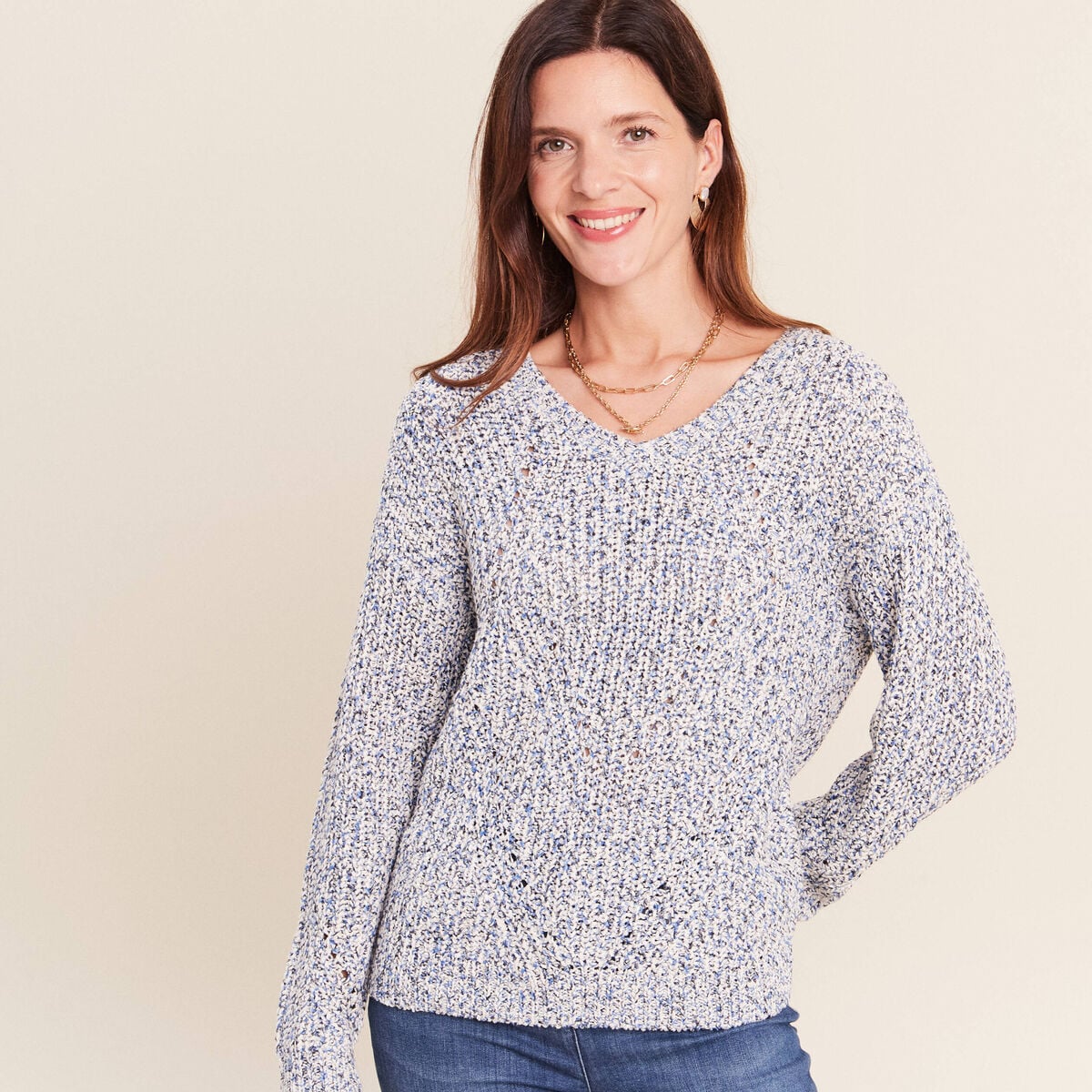 Pull col v bleu roi femme