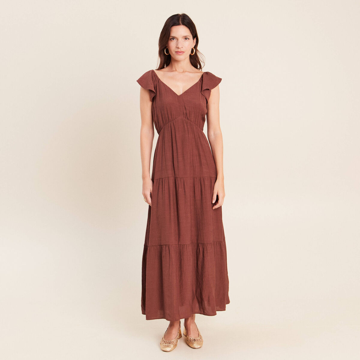 Robe longue &eacute;vas&eacute;e manches courtes marron femme
