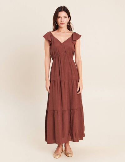 Robe longue &eacute;vas&eacute;e manches courtes marron femme