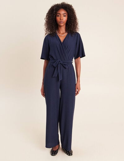 Combinaison large col v manches courtes bleu marine femme