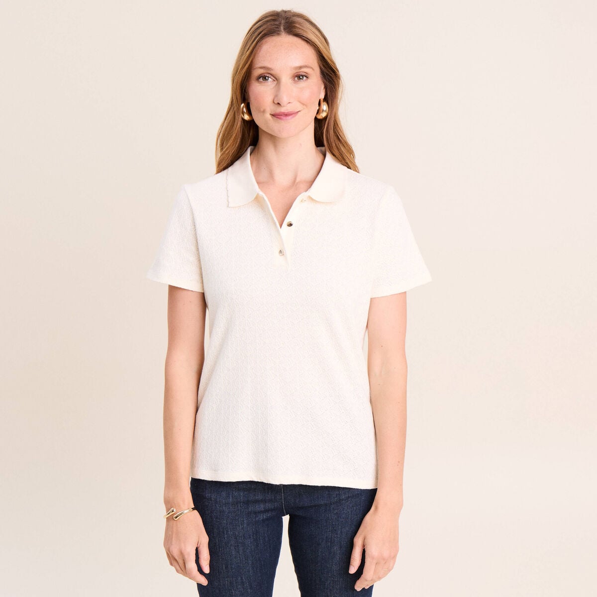 Polo jacquard manches courtes ecru femme