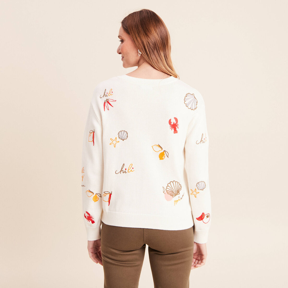 Pull col rond manches longues rouge femme