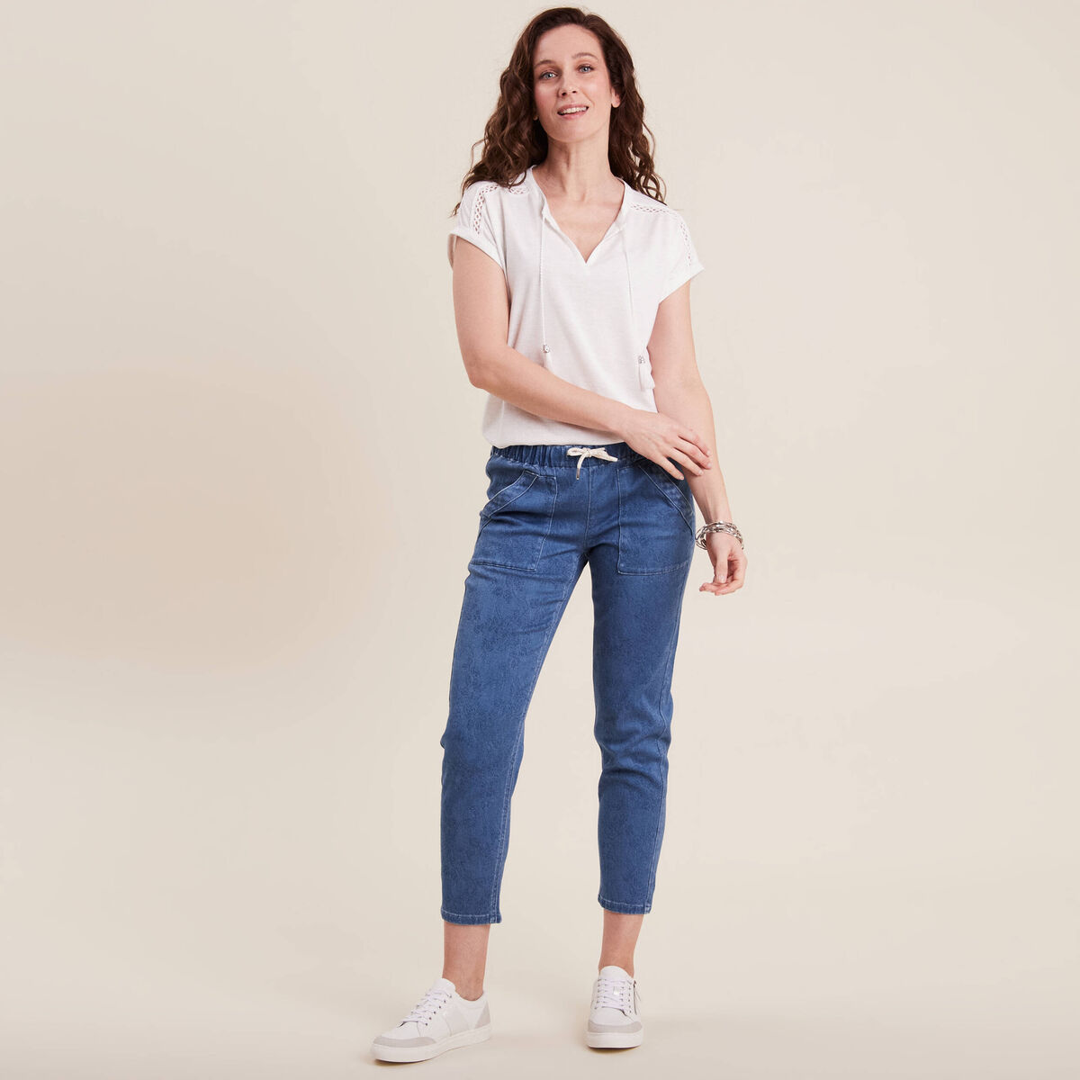 Jean carotte taille &eacute;lastiqu&eacute;e bleu ciel femme