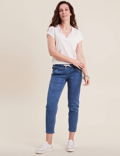Jean carotte taille élastiquée bleu ciel femme