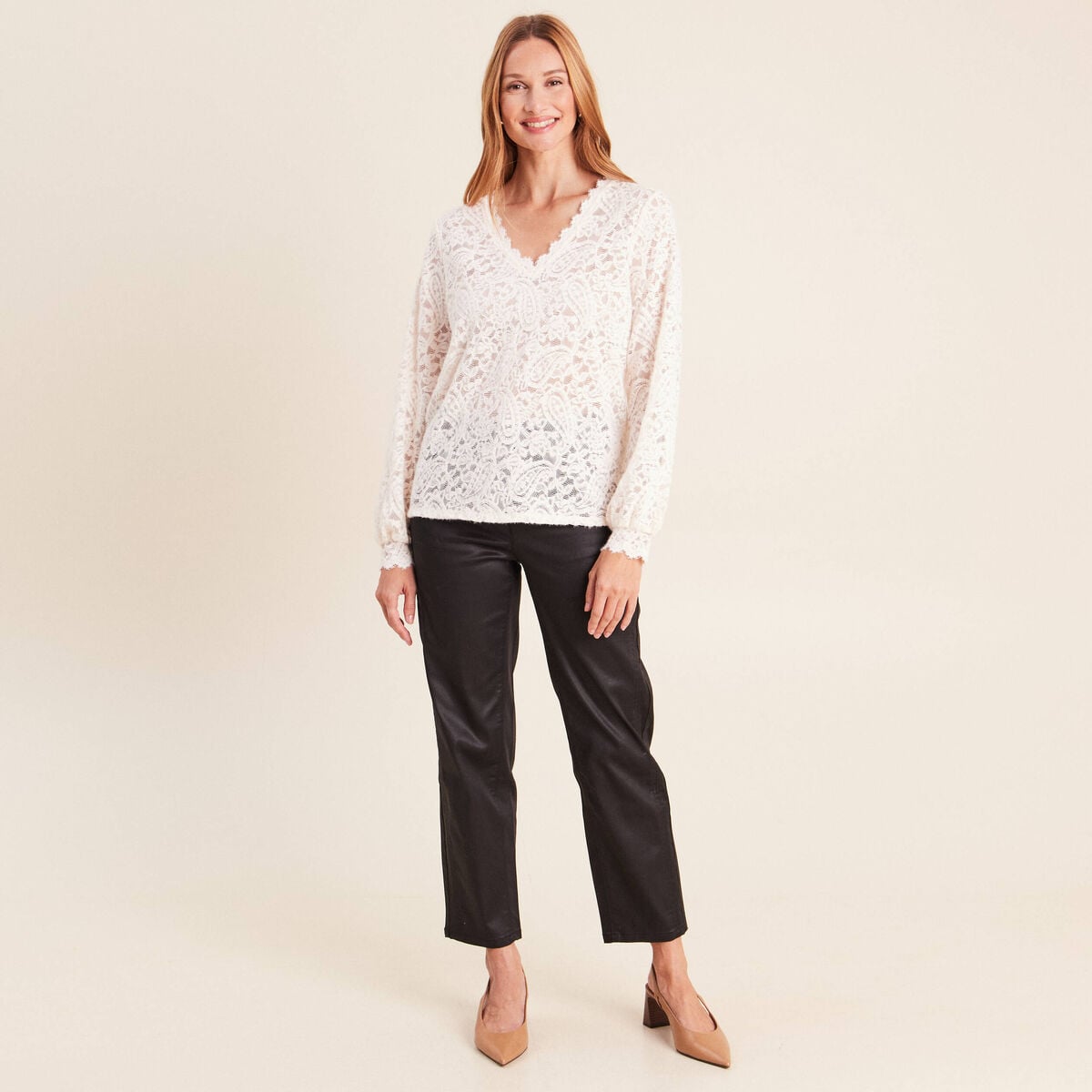 Blouse col v manches longues ecru femme