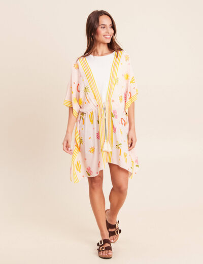 Kimono col v manches courtes brod&eacute; multicolore femme