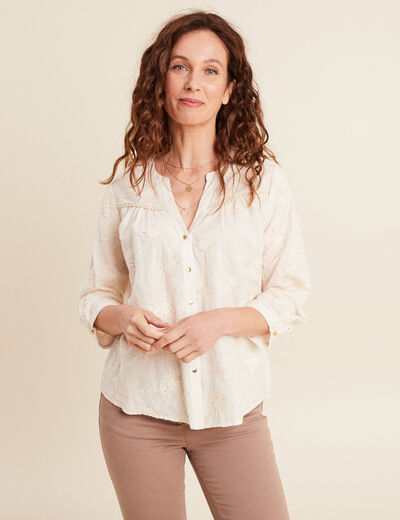 Blouse col tunisien manches 3/4 ecru femme