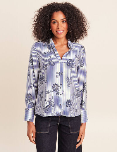 Chemise droite manches longues bleu fonc&eacute; femme