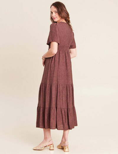 Robe &eacute;vas&eacute;e col v doubl&eacute;e marron fonc&eacute; femme
