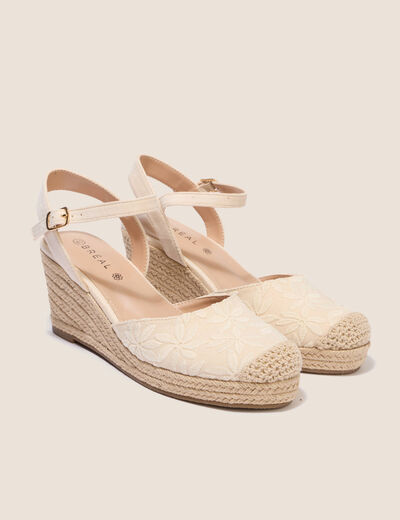 Espadrille compens&eacute;e aspect dentelle ivoire femme