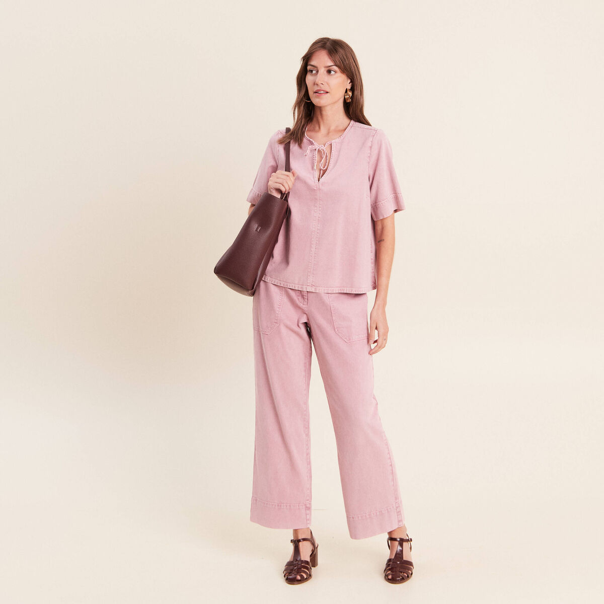 Pantalon large taille haute fluide rose femme