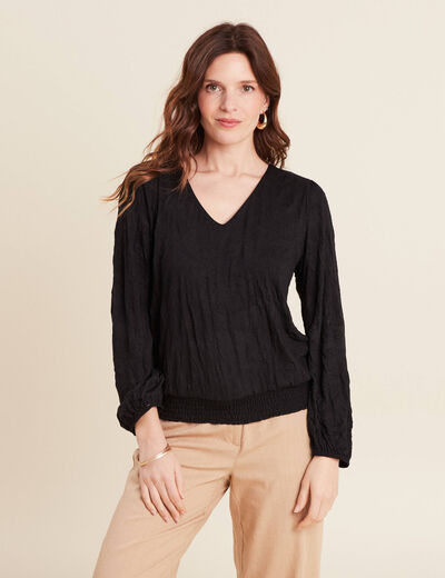 Top droit col V manches longues noir femme