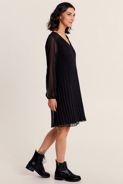 Robe évasée plissée noir femme