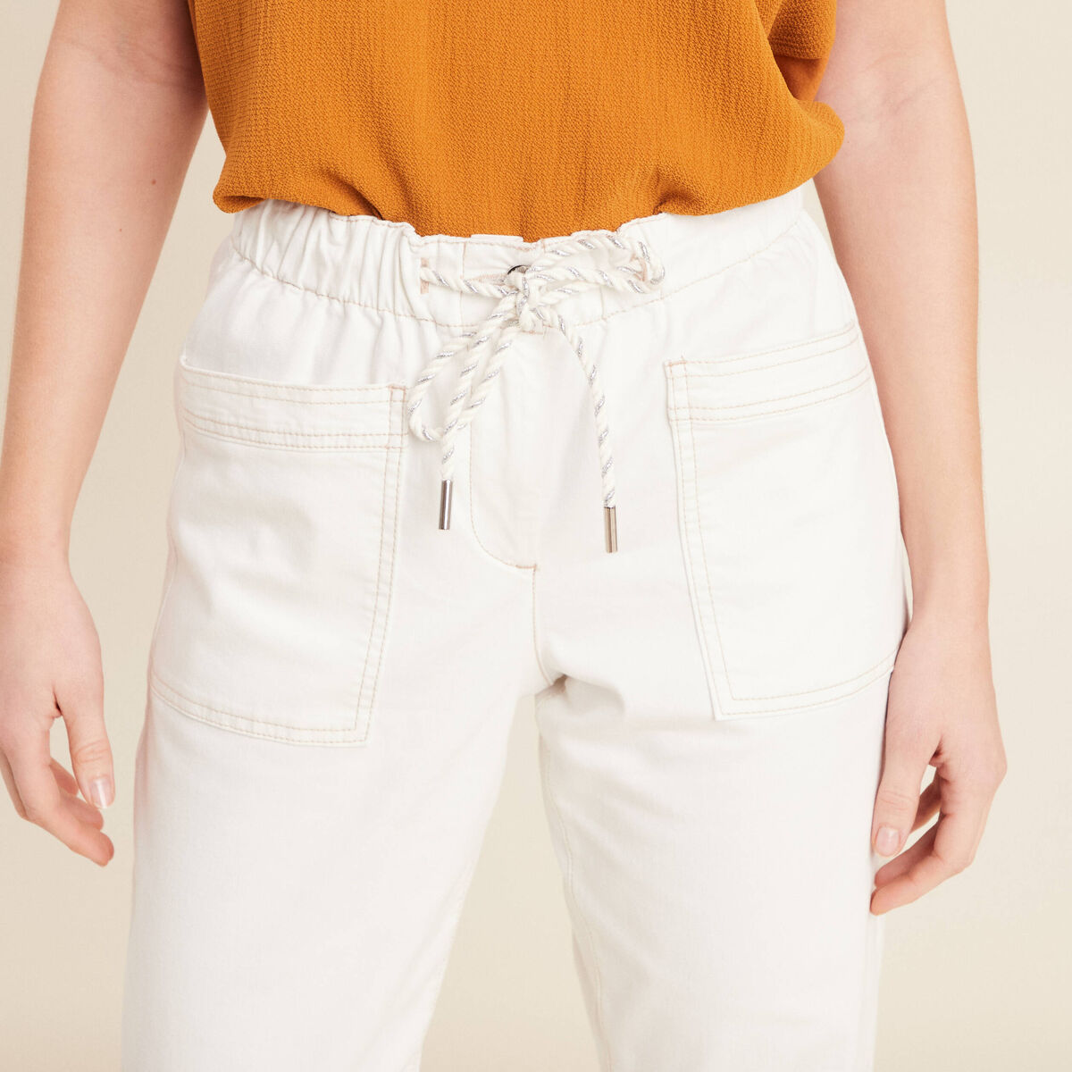 Pantalon coupe droite à coulisse blanc femme