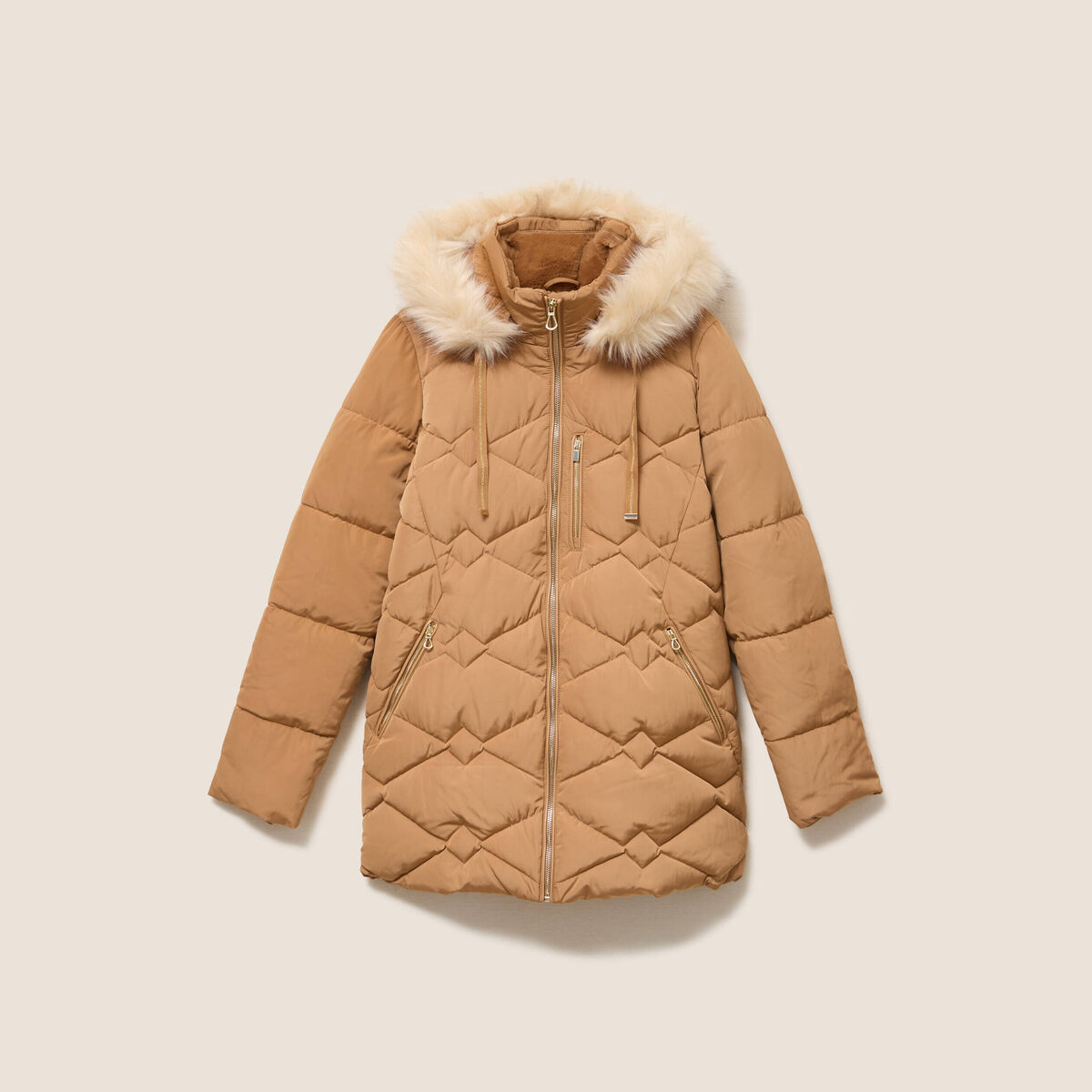Doudoune d&eacute;perlante &agrave; capuche beige femme