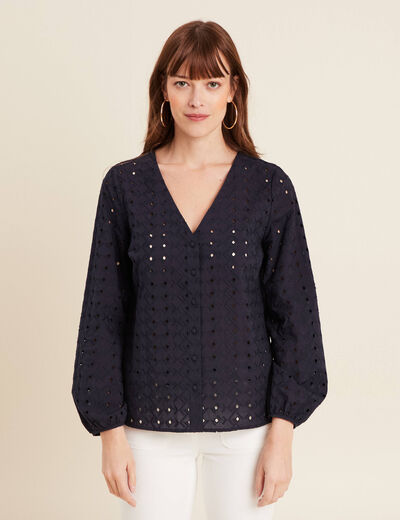 Chemise manches 3/4 brodée bleu foncé femme