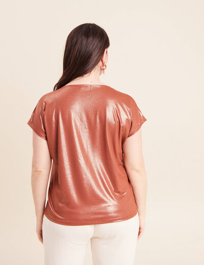T-shirt col V manches courtes marron fonc&eacute; femme