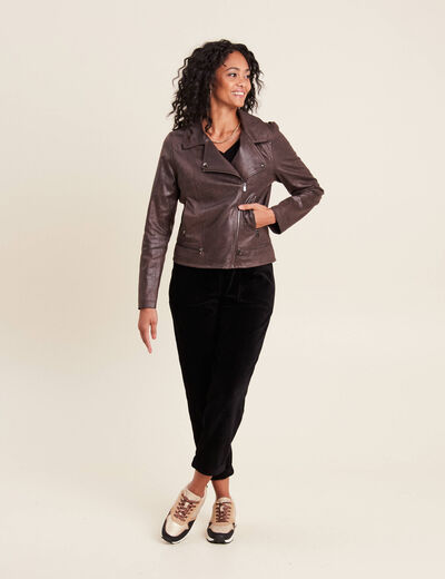 Veste esprit motard zippée marron foncé femme