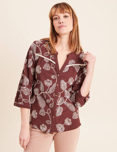 Blouse col tunisien manches 3/4 marron femme