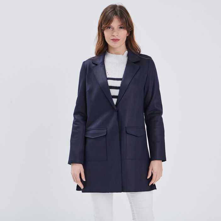 Manteau droit boutonné bleu foncé femme