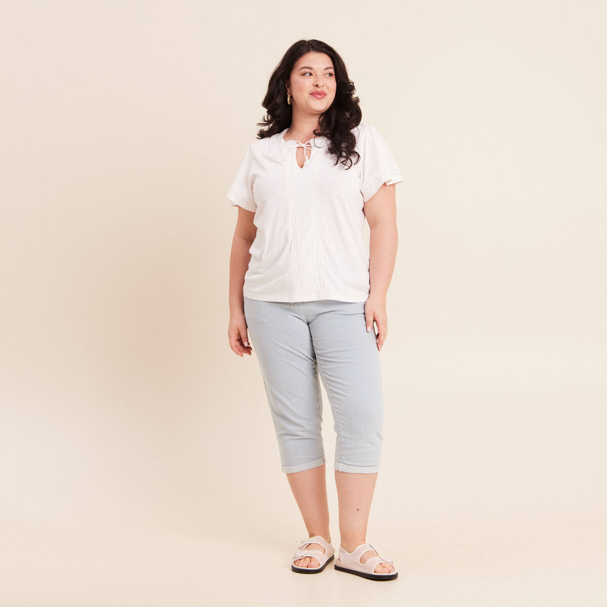 Blouse col tunisien manches courtes ecru femme