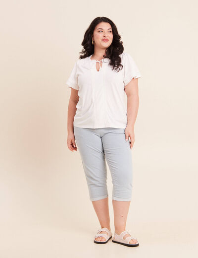 Blouse col tunisien manches courtes ecru femme
